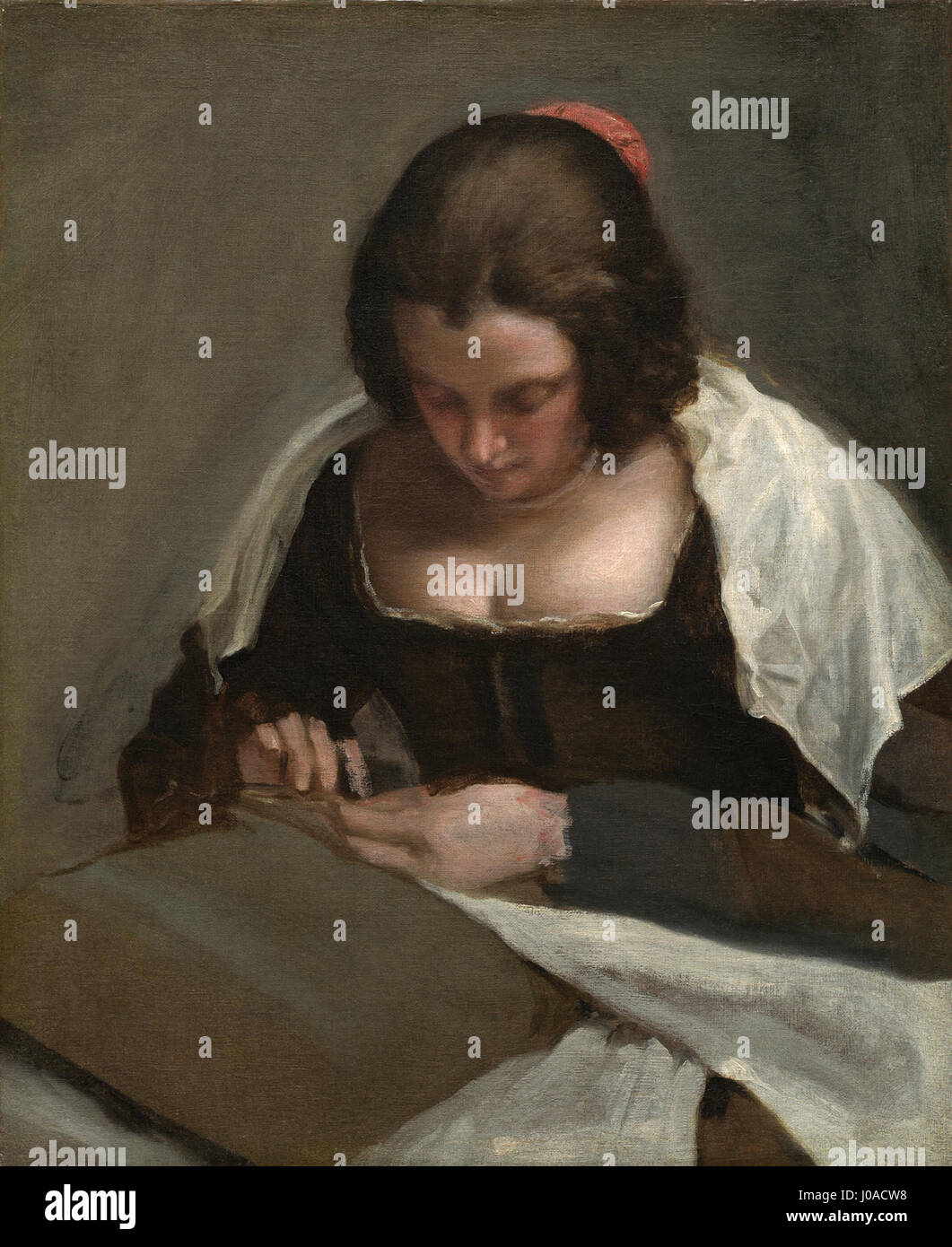 Questo ritratto di Diego Velázquez, un maestro della pittura barocca spagnola, mostra il realismo dettagliato e la profondità per cui l'artista era rinomato, concentrandosi sull'abbigliamento e l'espressione del soggetto. Foto Stock