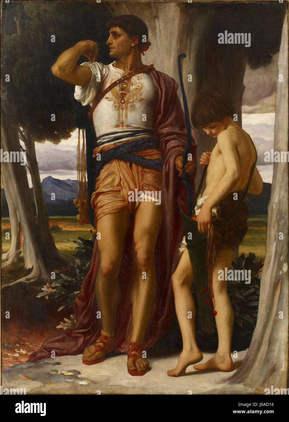 Questo dipinto di Frederic Leighton, intitolato «Gianni a Davide», raffigura una scena della Bibbia in cui Giònata, figlio di re Saul, dà a David un segno di amicizia. L'opera mostra lo stile classico e la maestria di Leighton nella pittura storica. Foto Stock