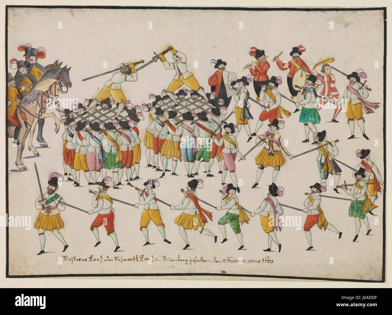 La «Nürnberg Schwerttanz der Messerer 1600» illustra una danza tradizionale della spada eseguita dai macellai di Norimberga, in Germania, che enfatizza le pratiche culturali e gli intrattenimenti storici. Foto Stock