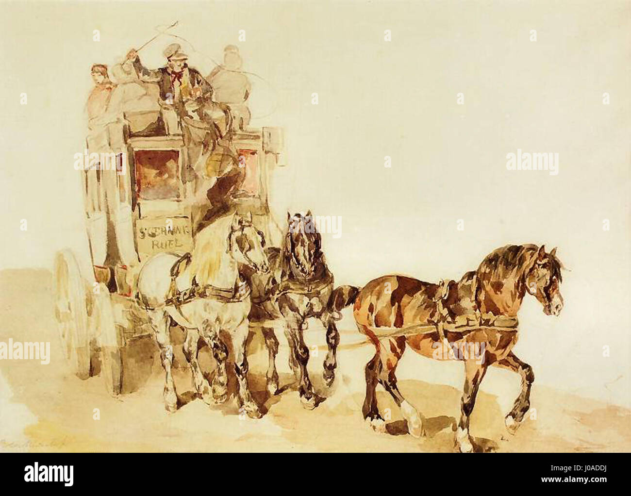La «Dylizans francuski» di Michałowski (diligenza francese) presenta una scena di una carrozza trainata da cavalli francese, che cattura il movimento vivace e l’energia del sistema di trasporto nell’Europa del XIX secolo. Il dipinto mette in evidenza la cultura di viaggio del periodo. Foto Stock