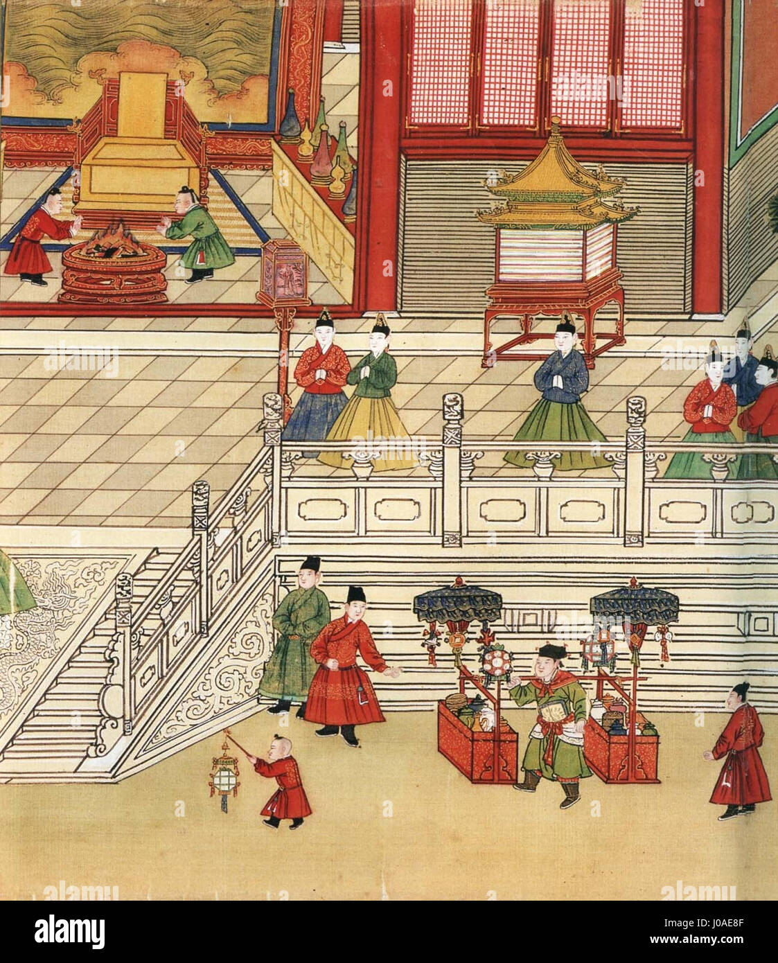 Questa opera d'arte, che sembra presentare elementi astratti e distinte influenze culturali asiatiche, presenta un'intrigante sintesi di tecniche artistiche moderne con motivi tradizionali, mostrando vibranti contrasti di colore e texture complesse. Foto Stock