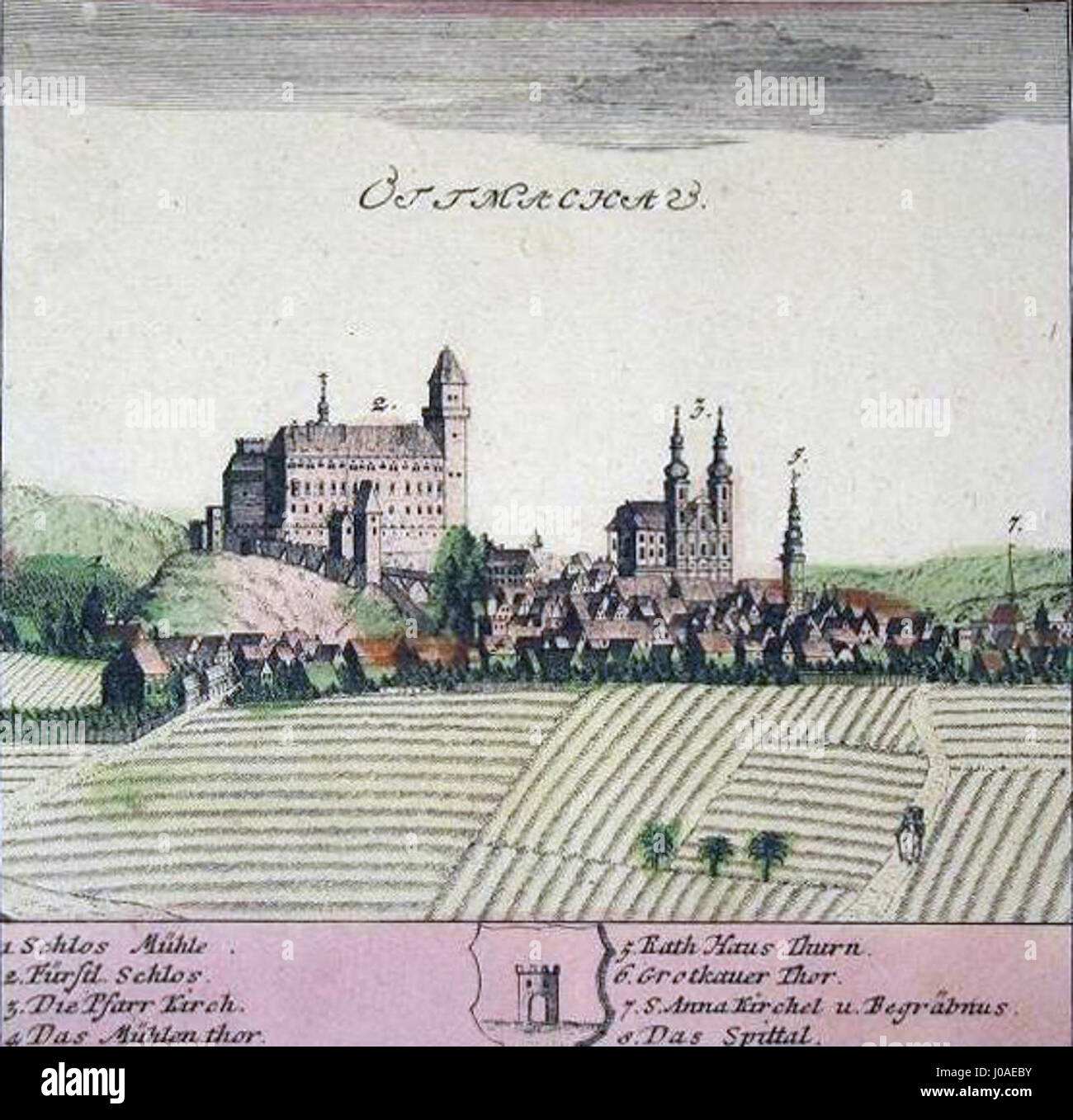 Otmuchów, una città in Polonia, è raffigurata in questo lavoro del 1738, che cattura il suo ambiente storico e le sue caratteristiche architettoniche, mostrando la cultura e il patrimonio polacco dell'inizio del XVIII secolo. Foto Stock