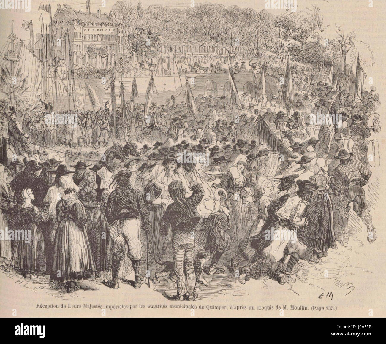 Questo pezzo, 'Quimper réception Majestés Impériales', raffigura un ricevimento formale a Quimper, una città in Francia, che accoglie la maestà imperiale. Cattura la grandezza e l'atmosfera cerimoniale delle visite reali. Foto Stock