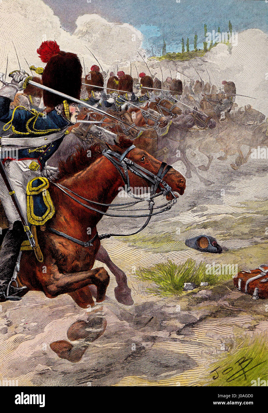 Il dipinto raffigura la famosa battaglia di Marengo del 14 giugno 1800, durante le guerre napoleoniche. Mostra la carica dei granatieri francesi a cavallo, un momento decisivo nella battaglia in cui le forze di Napoleone sconfissero l'esercito austriaco, assicurando il controllo francese sull'Italia settentrionale. Foto Stock