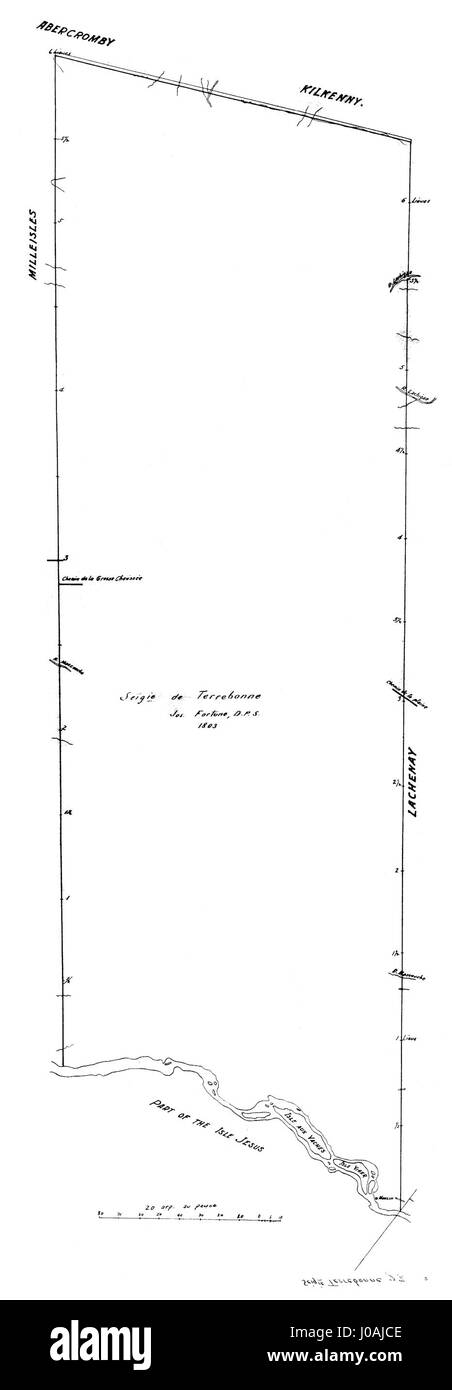 La Seigneurie de Terrebonne era una signoria storica del Québec, Canada, con territori che non avevano confini definiti tra le suddivisioni. Faceva parte del sistema coloniale francese, con concessioni terriere concesse ai seigneurs, che allora governavano l'area. L'assenza di confini riflette le prime fasi dell'organizzazione territoriale in nuova Francia. Foto Stock