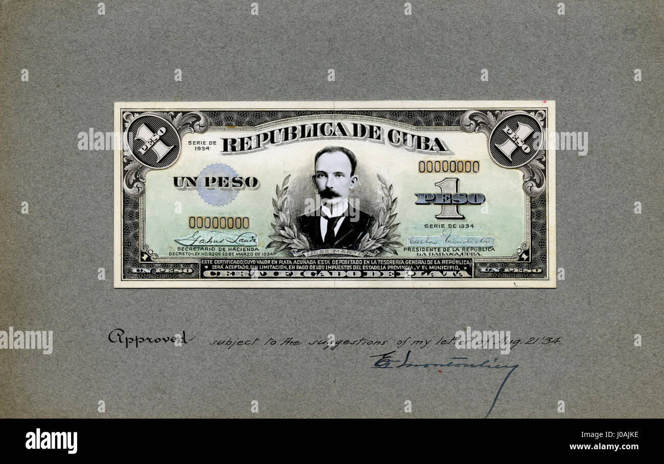 Lo "US-BEP-República de Cuba" è la prova del progresso di un peso d'argento di 1934 euro, che mostra le prime fasi di progettazione della moneta. L'opera riflette l'intersezione tra storia numismatica americana e cubana all'inizio del XX secolo. Foto Stock