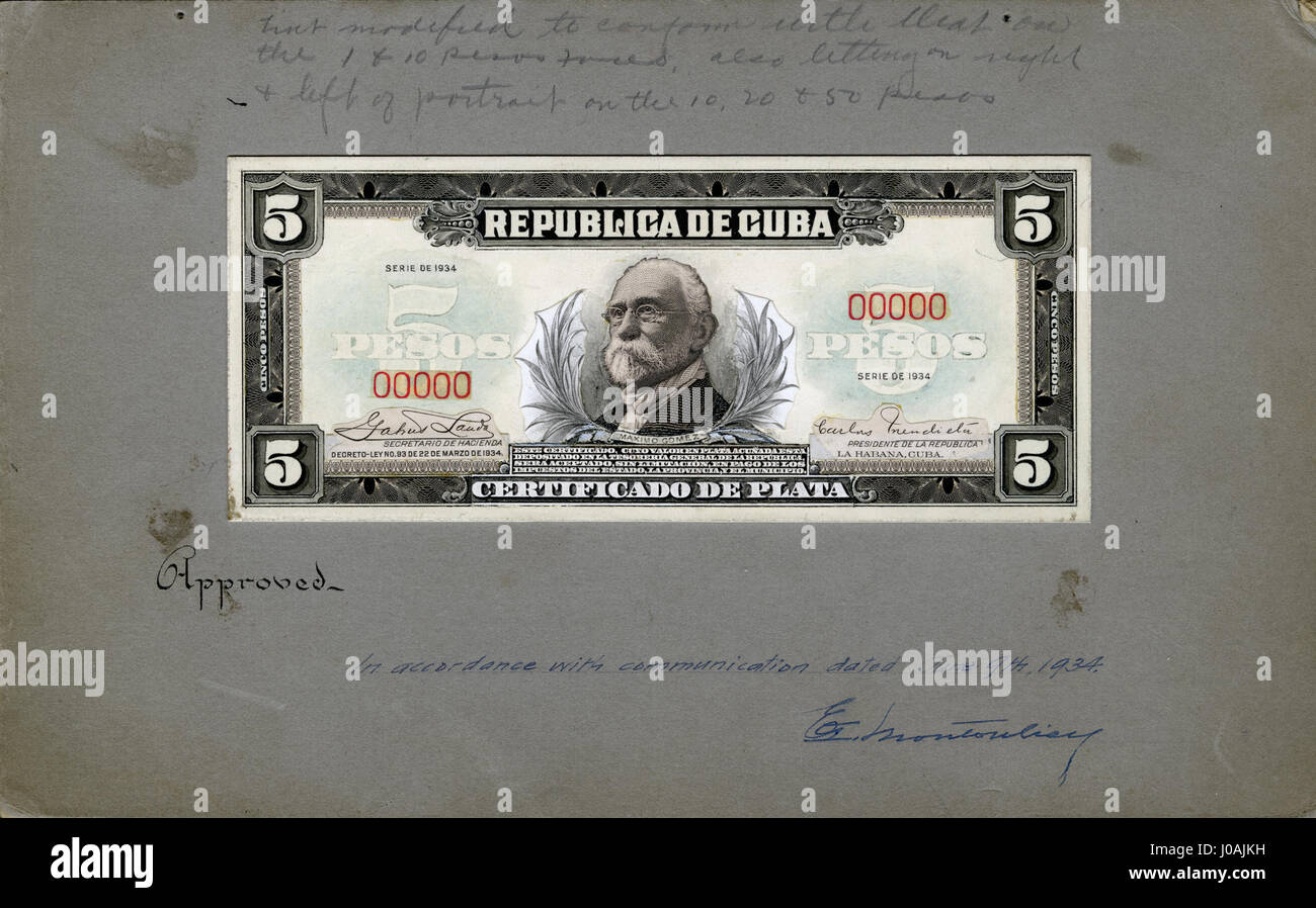 Il *US-BEP-República de Cuba* 1934 cinque pesos d'argento presenta una prova di progresso del disegno della moneta, mostrando elementi di simboli nazionali cubani, commemorando il periodo economico e politico dell'isola del 1934. Foto Stock