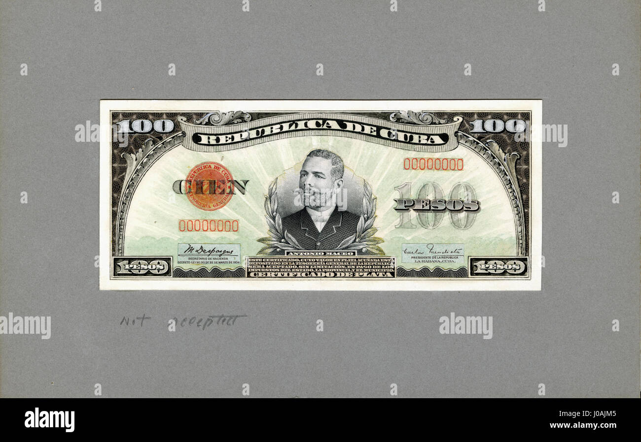 Questa banconota da 1934 *100 pesos d'argento* da Cuba, con l'etichetta *República de Cuba*, è una prova di progresso, che rappresenta una fase nella produzione di valuta. La nota presenta disegni intricati che simboleggiano l'identità nazionale cubana ed è parte della storia numismatica del paese. Foto Stock