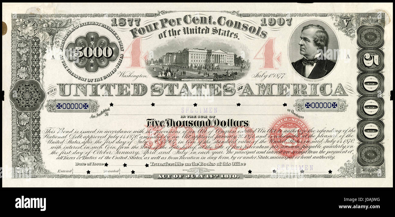 Il "US B&L Consols 425 $5000 1877" è un certificato finanziario emesso negli Stati Uniti alla fine del XIX secolo. Questo volto campione fornisce informazioni sulla progettazione e la disposizione delle obbligazioni del periodo, mostrando tipografia e tecniche di incisione utilizzate negli strumenti finanziari. Foto Stock
