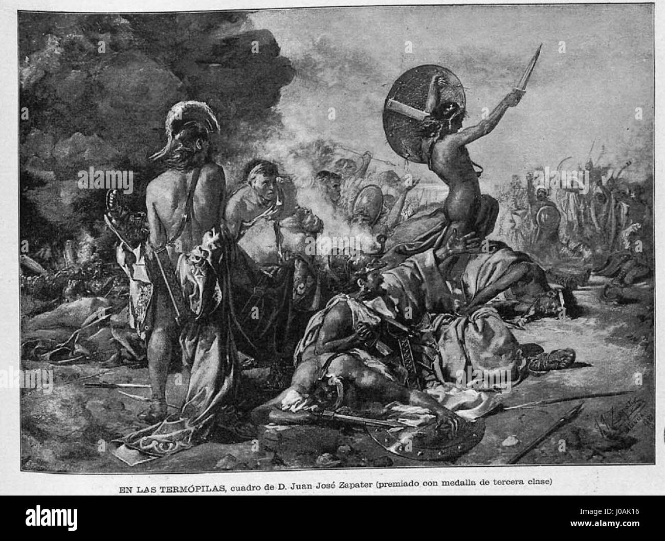 "EN las Termópilas" di Juan José Zapater Rodríguez, creato nel 1454, illustra la famosa battaglia delle Termopili. Il dipinto cattura l'eroica posizione dei guerrieri spartani guidati da re Leonida contro l'esercito persiano. Foto Stock