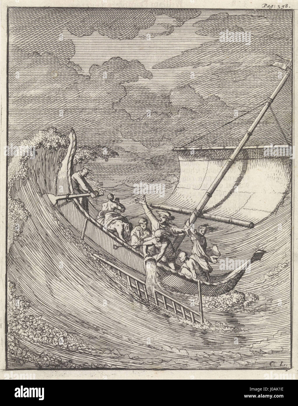Questa incisione di Caspar Luyken e Abraham de Hondt del 1698 mostra William Dampier in viaggio ad Aceh, Indonesia, a bordo di una piccola barca aperta. L'immagine cattura le prime esplorazioni e spedizioni marittime del XVII secolo, documentando il viaggio di Dampier nei mari del sud-est asiatico. Foto Stock