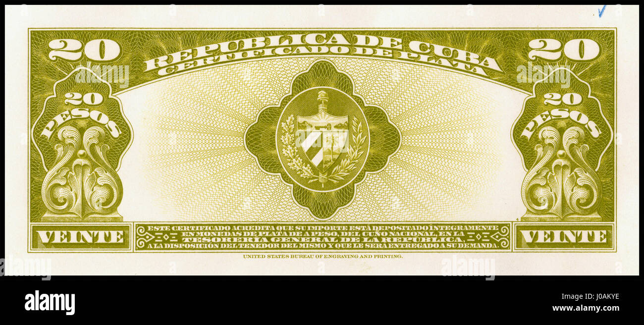 Questa prova certificata degli anni '1930 mostra i 20 pesos d'argento della Repubblica di Cuba. Il rovescio presenta dettagli intricati che rappresentano i simboli nazionali e le immagini storiche del paese. Foto Stock