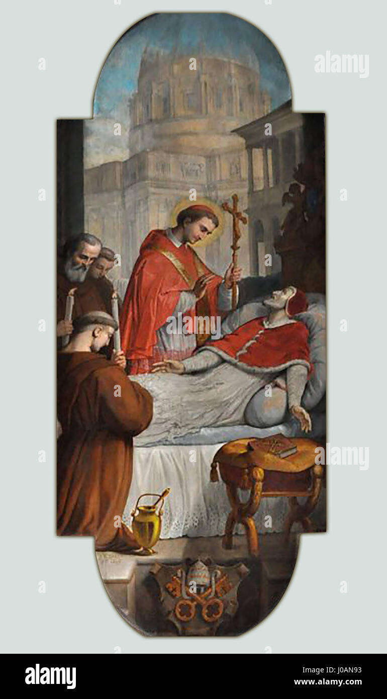 Questo dipinto, *Saint Charles Borromée assistente Pie IV … Son lit de mort*, raffigura un momento cupo e riverente nel letto di morte di Papa Pio IV, con San Carlo Borromée che offre assistenza. Cattura un momento religioso e storico della Chiesa cattolica. Foto Stock