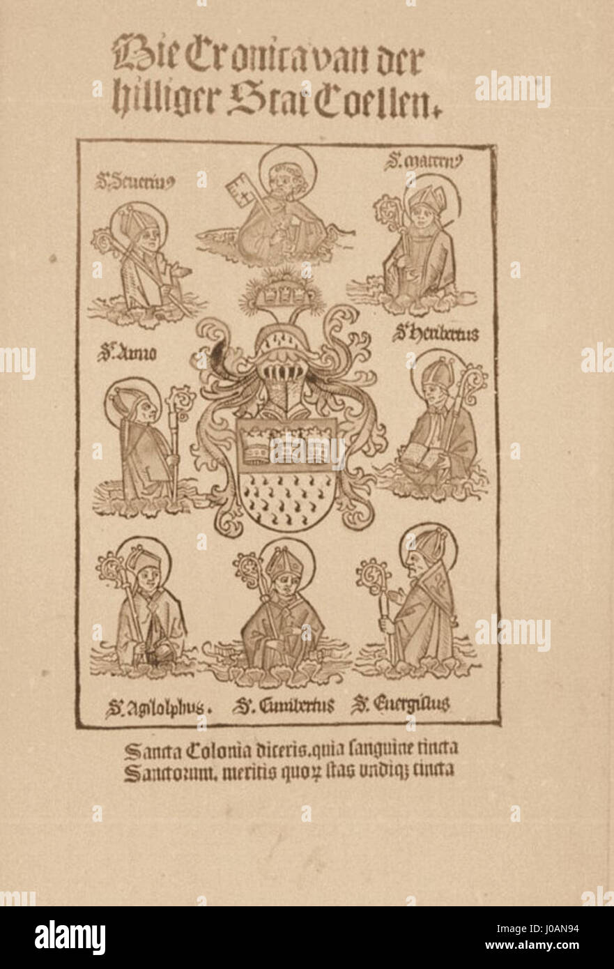 La "Köln Koelhoffsche Chronik" del 1499 presenta un frontespizio illustrato con lo stemma della città di Colonia e raffigurazioni di San Pietro e dei santi locali di Colonia. L'opera è un esempio significativo di illuminazione manoscritta tardo medievale proveniente dalla Germania. Foto Stock