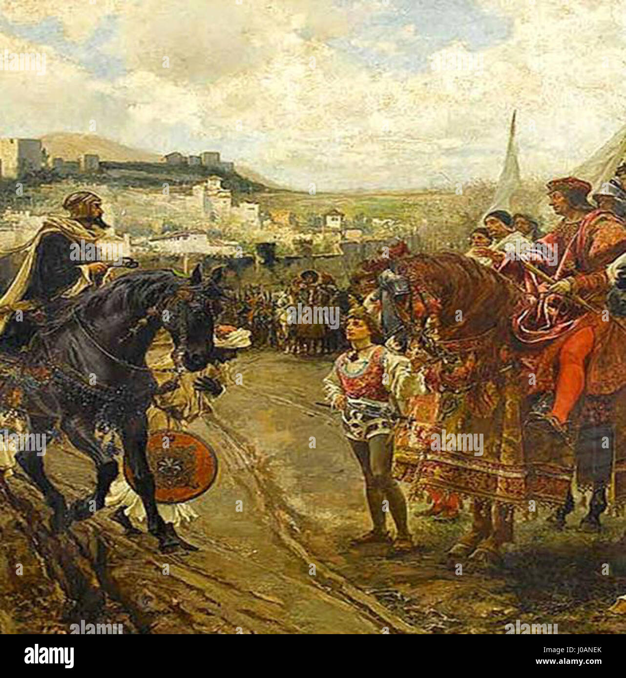 Questo dettaglio di "la rendición de Granada" raffigura il drammatico momento nel 1492 in cui l'ultima roccaforte musulmana in Spagna si arrese ai monarchi cattolici Ferdinando e Isabella. Foto Stock