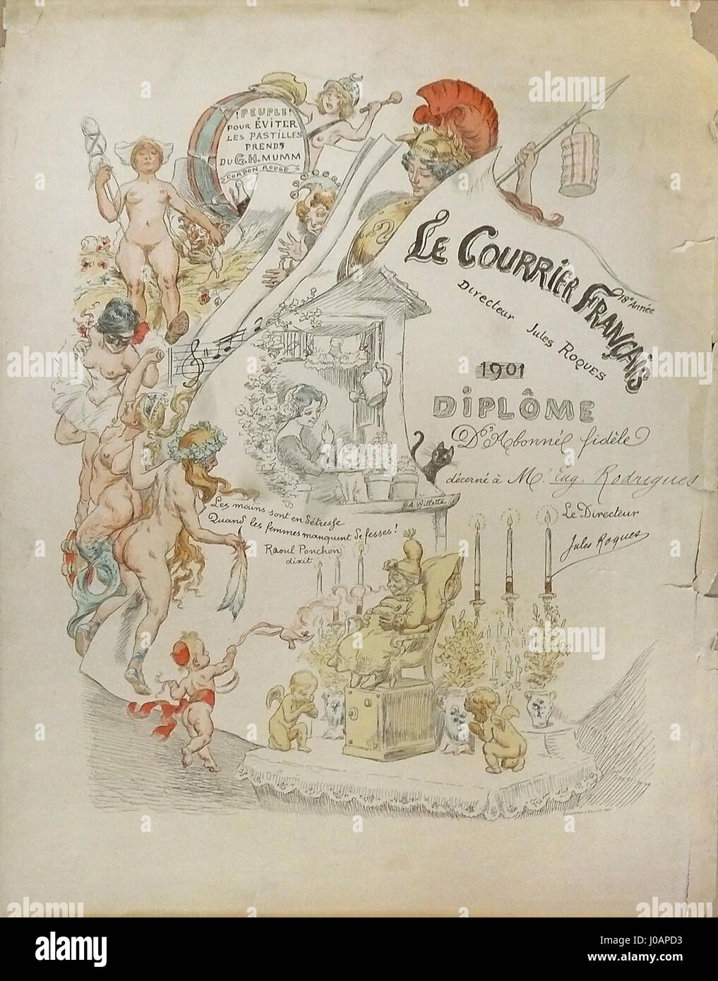 La «Diplôme d'abonné fidèle au courrier franais» è una litografia e acquerello di Willette, che celebra il sistema postale francese. L'opera raffigura un impiegato postale e rende omaggio all'importanza dei servizi postali nella Francia del XIX secolo. Foto Stock