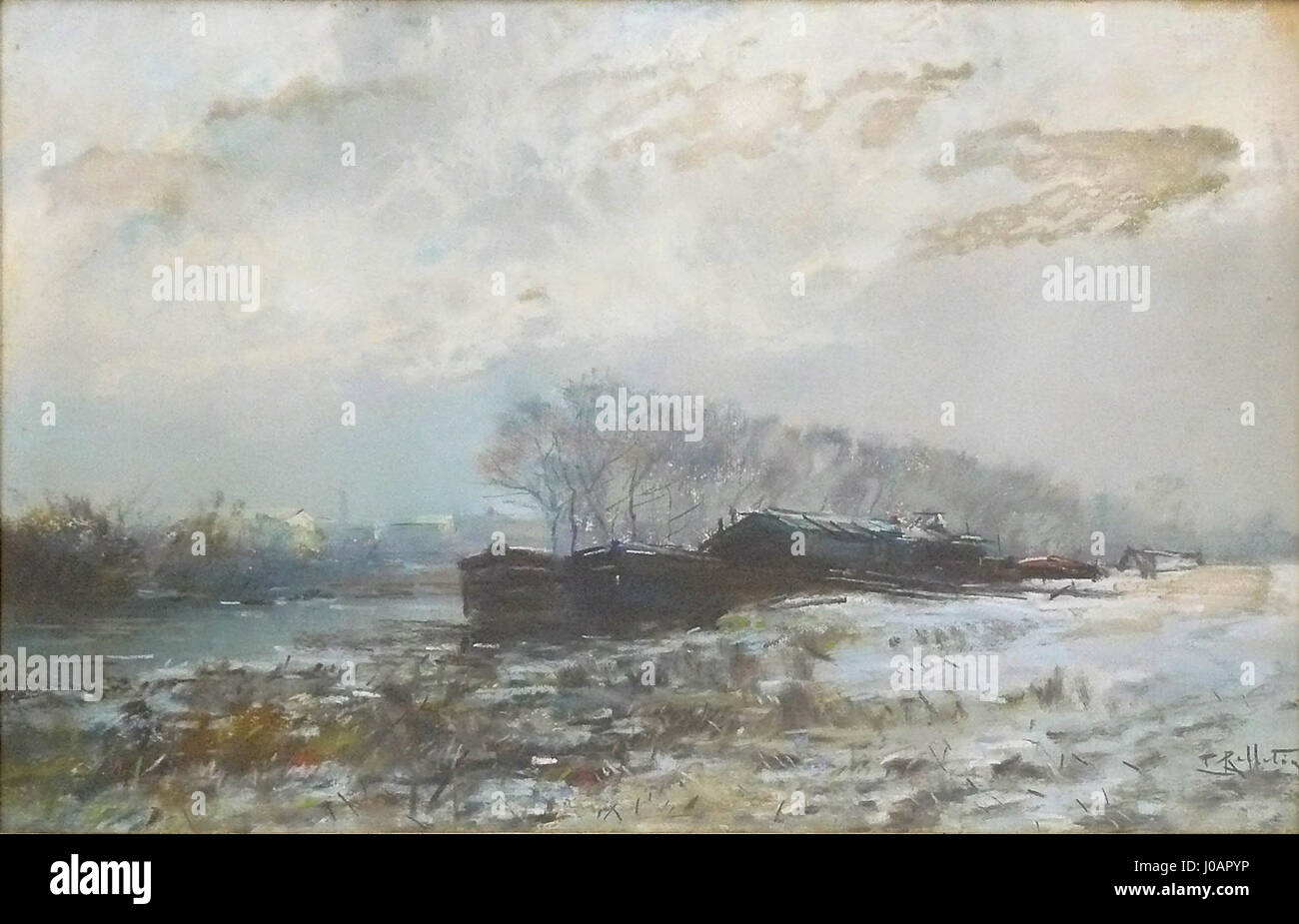 "Bord de Seine enneigé" di Pelletier P.J. è un'opera pastello che mostra una scena innevata lungo la Senna in inverno. Le delicate tonalità pastello catturano la tranquillità e la quiete del paesaggio. Foto Stock