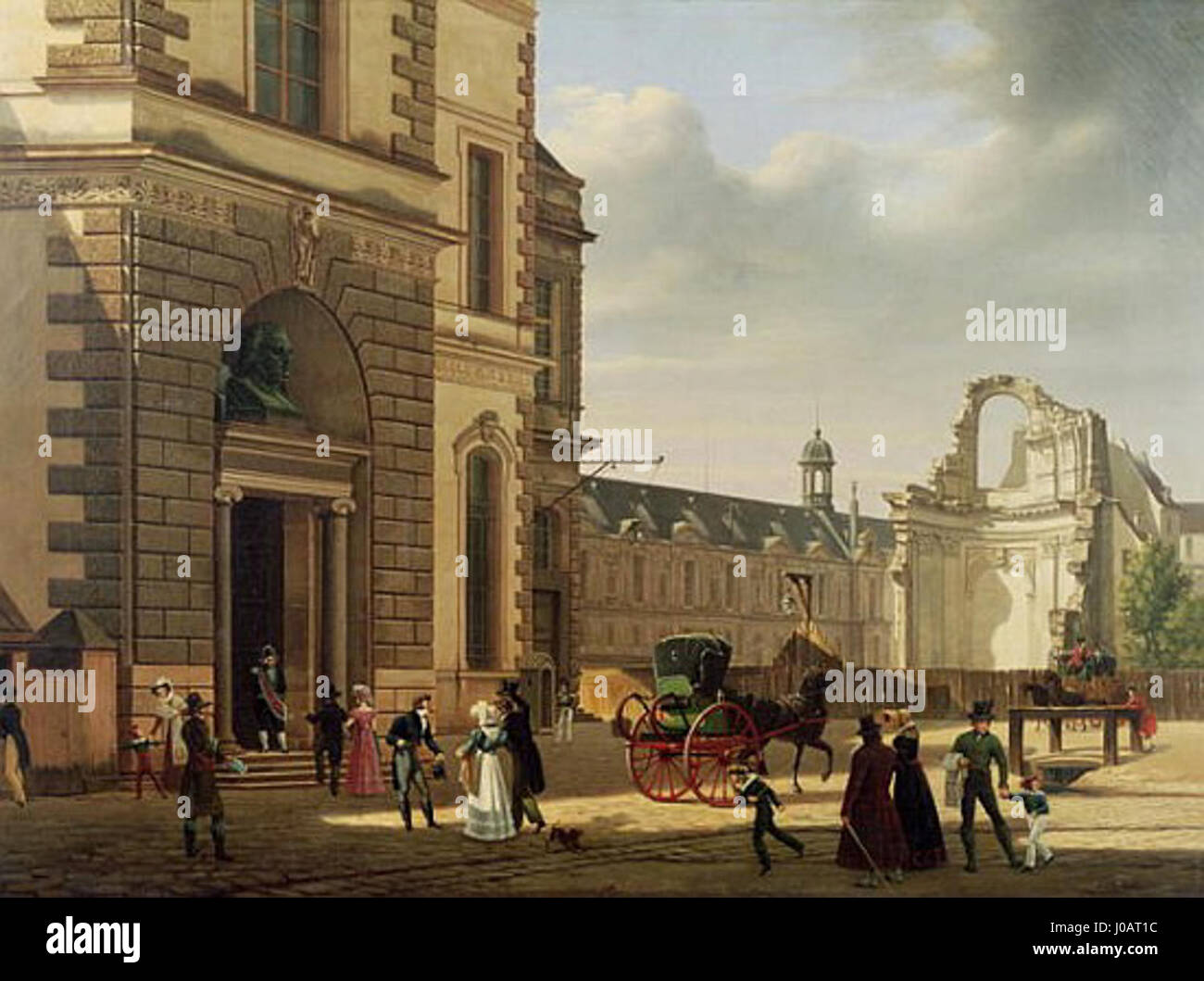 Questa opera d'arte raffigura l'ingresso al Musée du Louvre accanto alle rovine dell'abside di Saint-Louis-du-Louvre. L'immagine riflette il significato storico del Louvre come museo e il suo collegamento con l'evoluzione architettonica di Parigi. Foto Stock