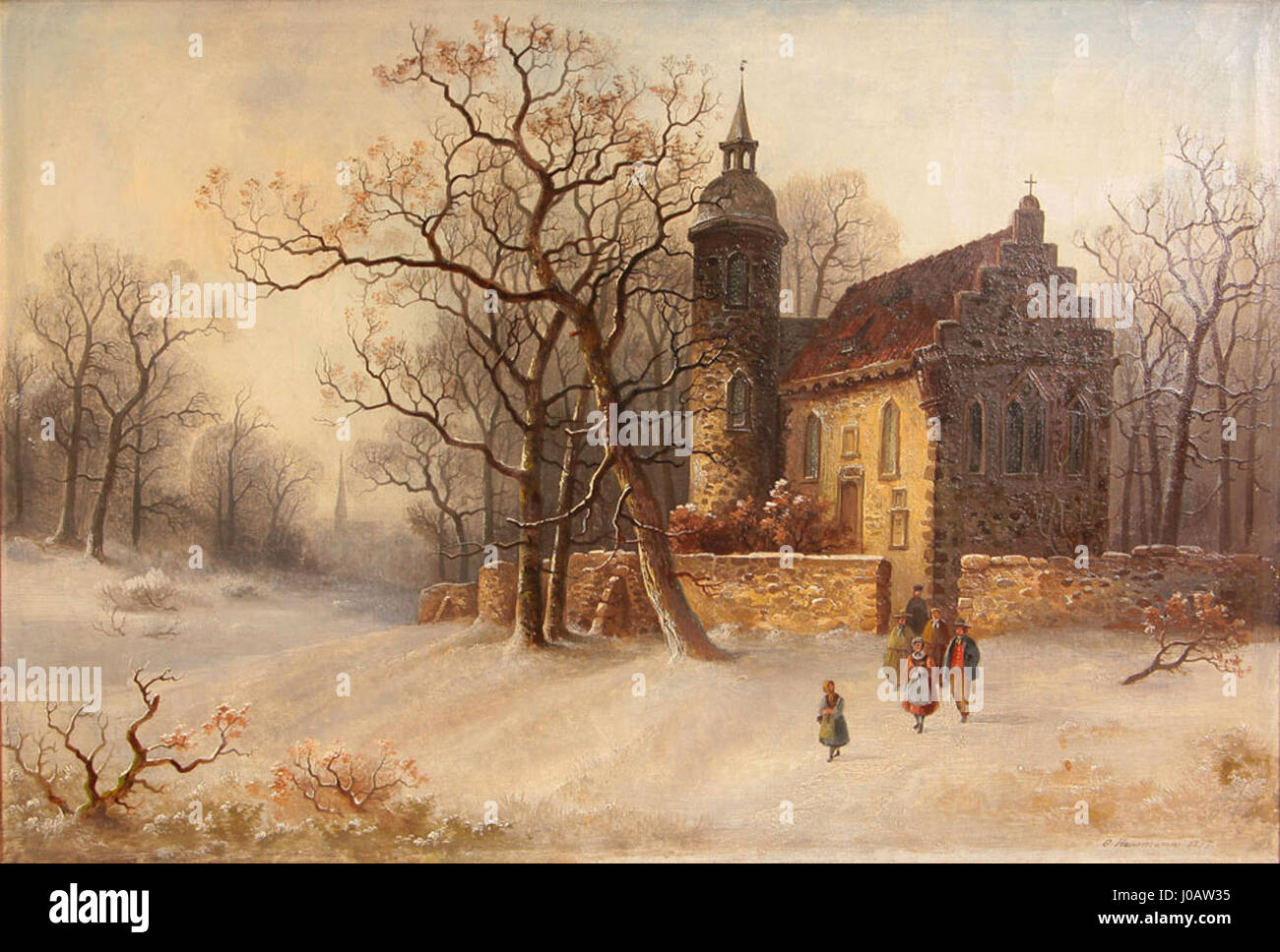 1877 Gustav Hausmann, Winterlandschaft mit Kirche, Öl auf Leinwand signiert, Foto Stock
