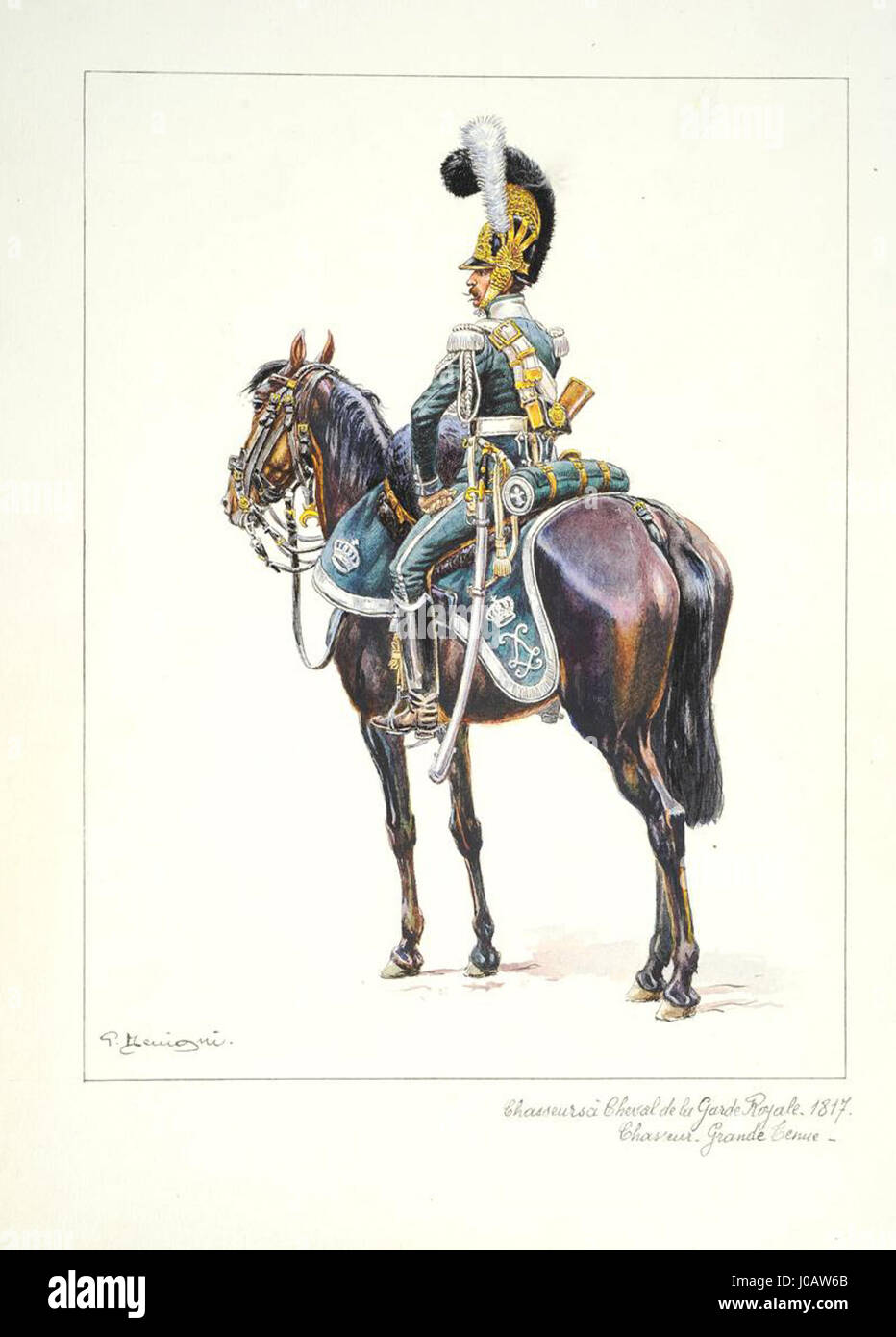 Questa opera raffigura un cavaliere reale della Guardia francese, noto come Chasseur à cheval, del 1817. L'immagine cattura l'uniforme militare e il ruolo cerimoniale della Guardia durante l'era napoleonica. Foto Stock