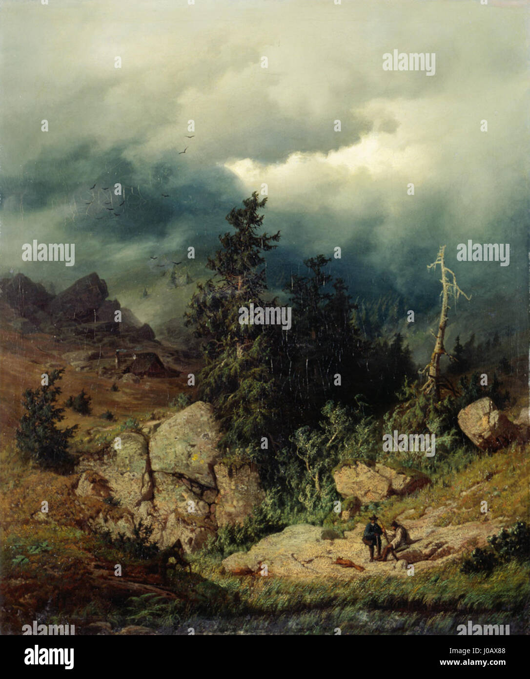 "Před bourí" (prima della tempesta) di Adolf Kosárek è un dipinto che ritrae l'intensa atmosfera del momento appena prima di una tempesta. L'opera presenta cieli dinamici ed effetti di luce drammatici tipici del Romanticismo del XIX secolo. Foto Stock