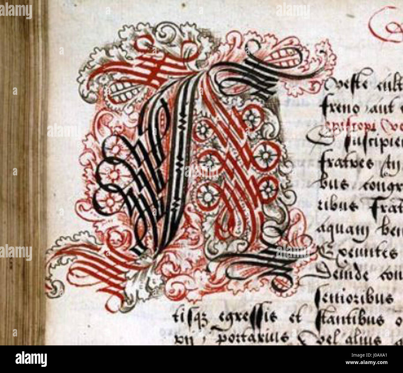 "Lettre cadelée" è un termine che si riferisce ad uno stile letterale ornato popolare nei manoscritti storici europei. Combina un'intricata calligrafia con fioriture decorative, spesso utilizzate nei documenti ufficiali. Foto Stock