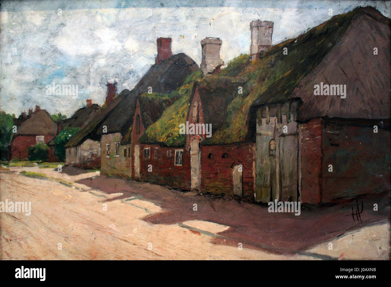 Un dipinto del 1921 di Feddersen raffigurante vecchie case a Braderup, un villaggio in Germania. L'opera mette in mostra l'architettura rurale e la tranquilla campagna dell'inizio del XX secolo, sottolineando l'atmosfera tranquilla della regione. Foto Stock