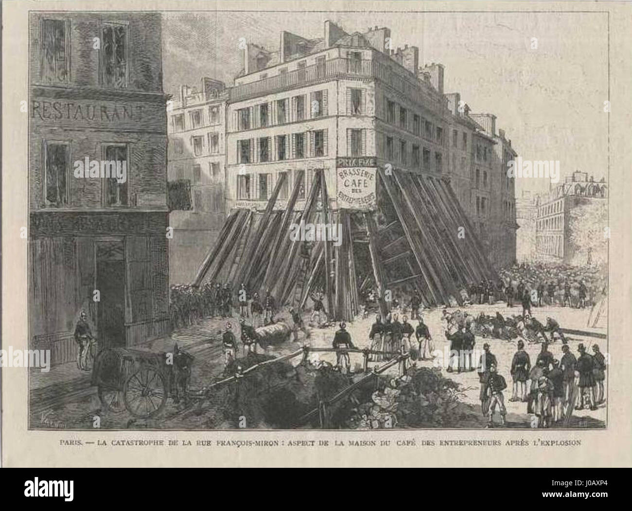 "Catastrofe de la rue Francois-Miron" descrive un tragico evento nella storia di Parigi. L'immagine cattura le conseguenze di un grave disastro che si è verificato in questa strada, evidenziando la distruzione e il caos causati dall'evento. L'illustrazione funge da registro storico dell'incidente. Foto Stock
