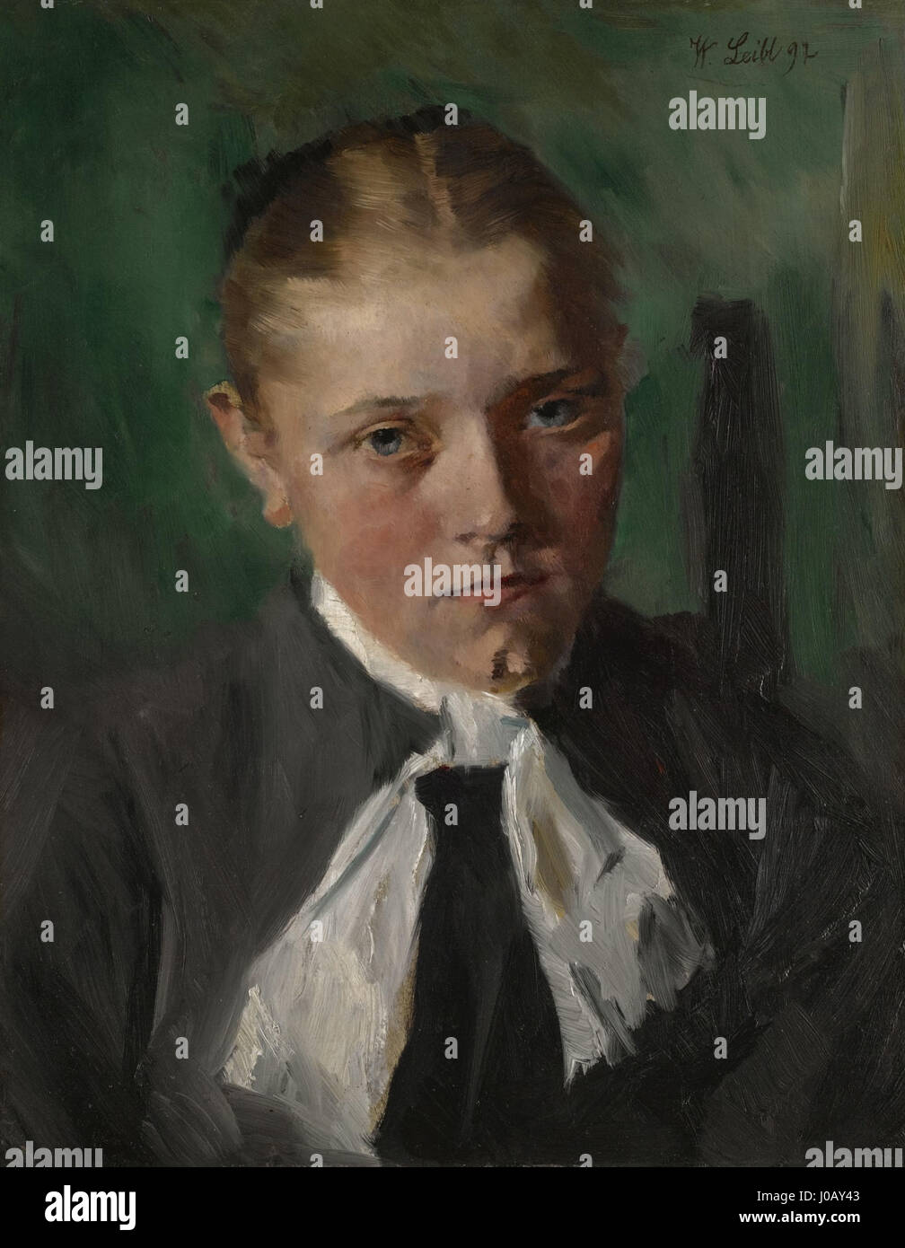 "Bauernmädchen" (ragazza contadina) di Wilhelm Leibl, un dipinto che cattura la vita rurale con attenzione al naturalismo e agli studi di figura, che riflette lo stile di realismo dell'artista nella Germania del XIX secolo. Foto Stock