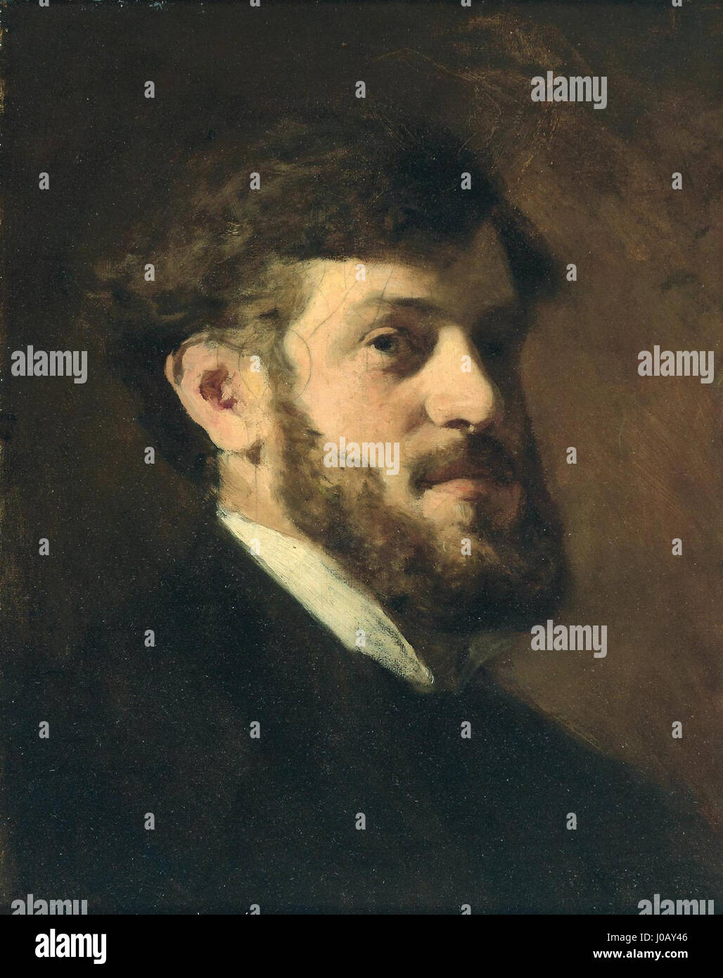 Il 'Herrenporträt' di Wilhelm Leibl del 1864 è un classico esempio di realismo tedesco, catturando un uomo autoritario in un ritratto dettagliato ed espressivo. Il lavoro sottolinea la profondità psicologica del soggetto attraverso dettagli realistici e un tono serio. Foto Stock