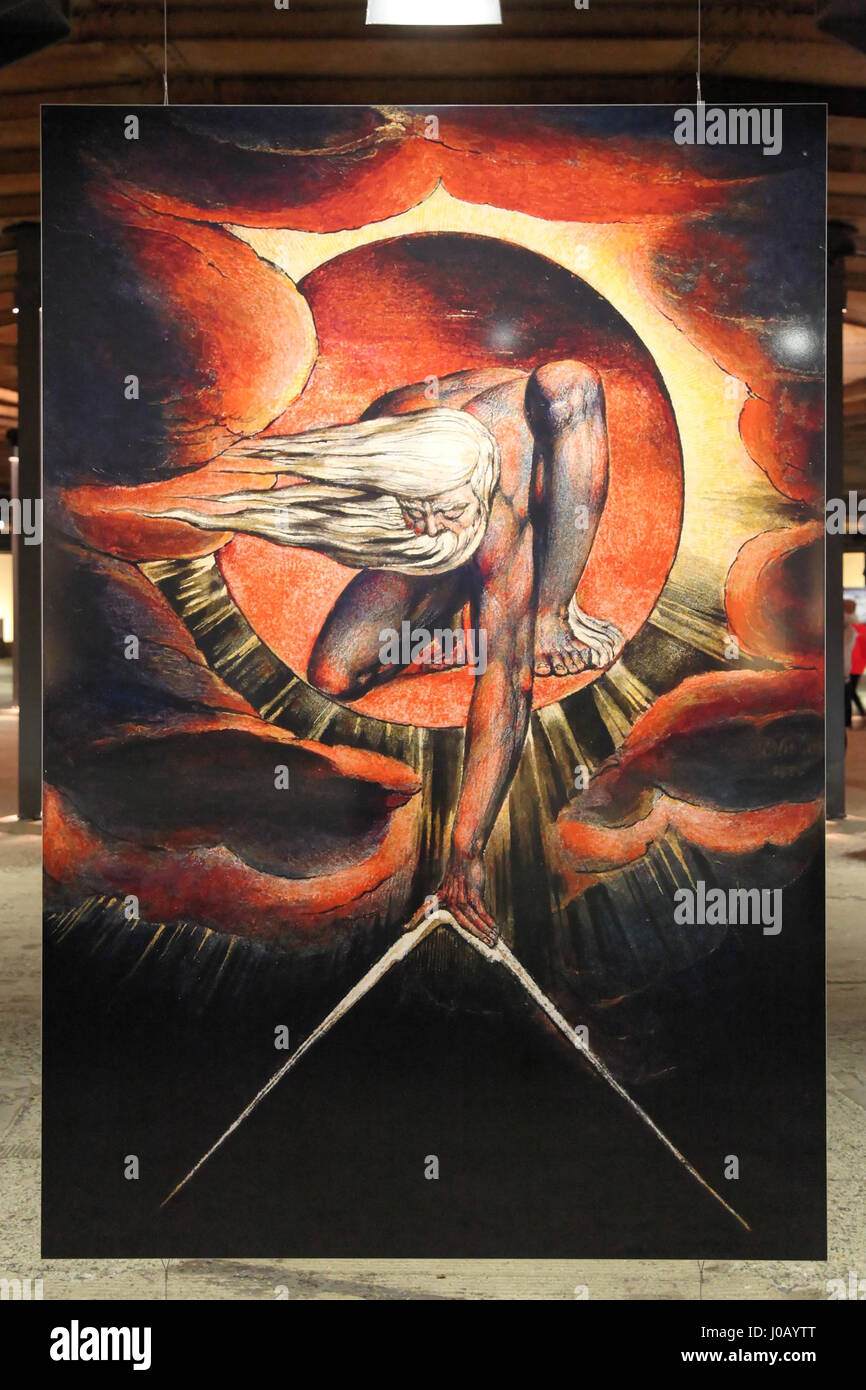 Il Gasometro di Oberhausen ospita la mostra "Der schöne Schein", che include una rappresentazione di "The Ancient of Days" di William Blake. La mostra unisce arte, architettura e immagini simboliche dell'opera mistica di Blake. Foto Stock