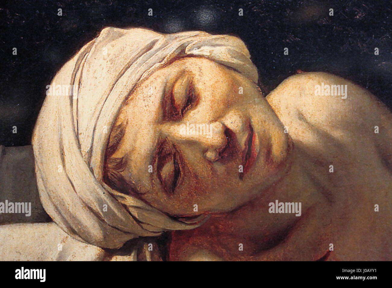 Una vista contemporanea del Gasometro di Oberhausen, Germania, con la mostra *Der schöne Schein* con *la Mort de Marat* di Jacques-Louis David. La mostra combina l'arte classica europea con l'architettura industriale moderna. Foto Stock