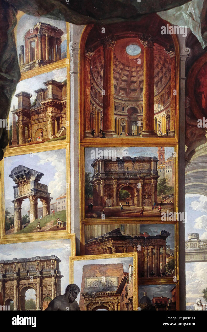 Il "Gasometro" di Oberhausen ospita una mostra che reinventa l'Antica Roma, mostrando le opere d'arte di Pannini. Questo particolare pezzo si concentra sull'interpretazione artistica delle rovine romane, dell'architettura e degli ambienti storici, tutti esposti in un moderno spazio espositivo. Il Gasometer offre uno spazio dinamico per vedere queste opere classiche, evidenziandone il significato storico e artistico. Foto Stock