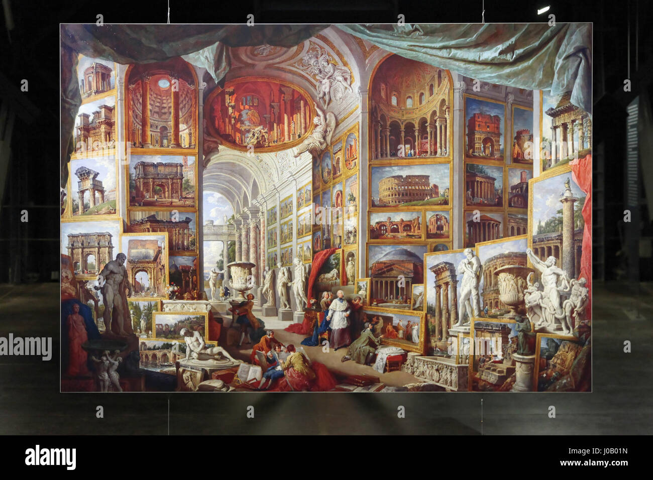 "Oberhausen - Gasometro - Der schöne Schein - Antica Roma" è un'installazione d'arte moderna con raffigurazioni dell'Antica Roma, basata su opere di Giovanni Paolo Pannini. La mostra fonde temi classici con l'arte contemporanea ed è ospitata nel Gasometer di Oberhausen. Foto Stock