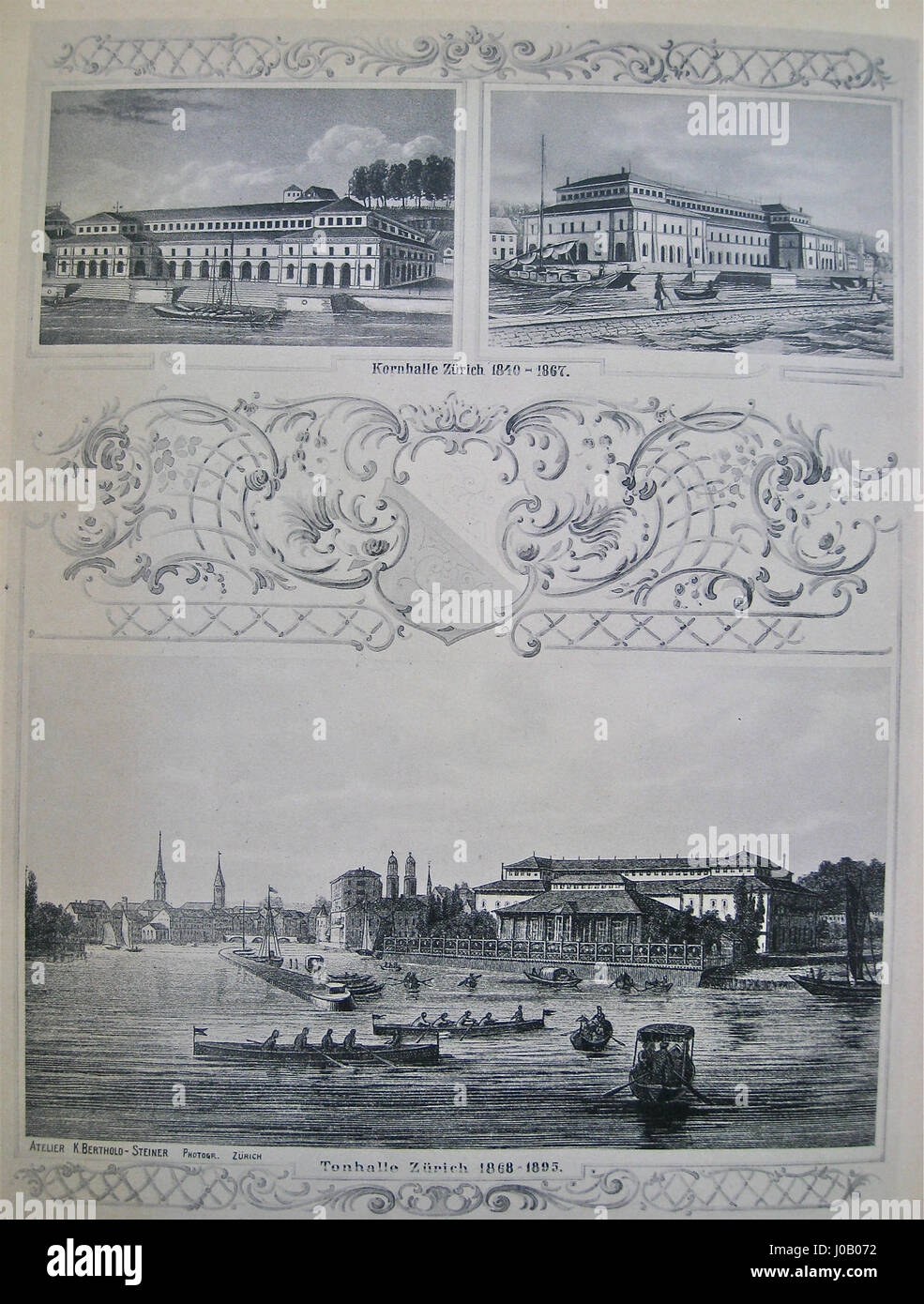 Kornhalle Zürich, 1840-1867 Konzertsaal auf dem heutigen Sechseläuten-Platz (oben); die dortige Alte Tonhalle , 1868-1895 (unten) Foto Stock