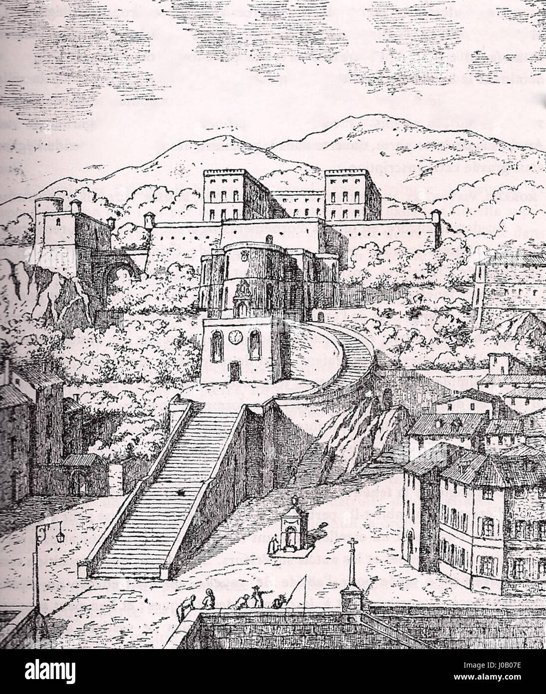 La Collégiale di Saint-Chamond, Loira, fu costruita tra il 1635 e il 1642. Fu un importante sito architettonico e religioso fino alla sua demolizione. Questo lavoro cattura il suo significato storico e la sua eventuale scomparsa dal paesaggio. Foto Stock