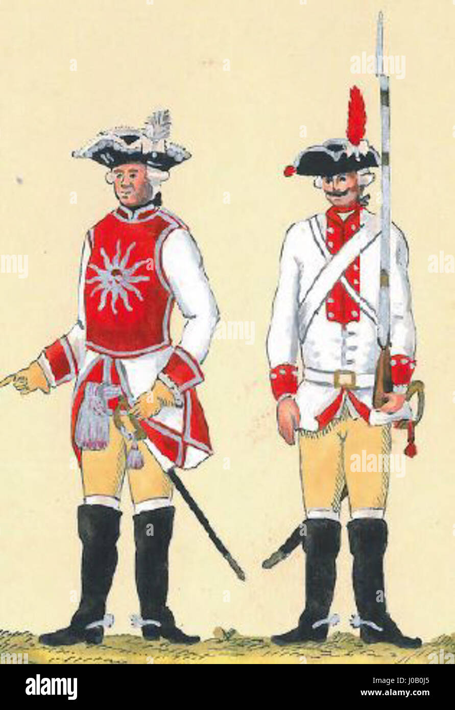 Questo dipinto raffigura un reggimento di cavalleria, noto come "Regiment konny dragonów", che indossa un abbigliamento cerimoniale, tra cui una giacca da parata e un'armatura. La scena è una rappresentazione della vita militare e dell'abito cerimoniale. Foto Stock