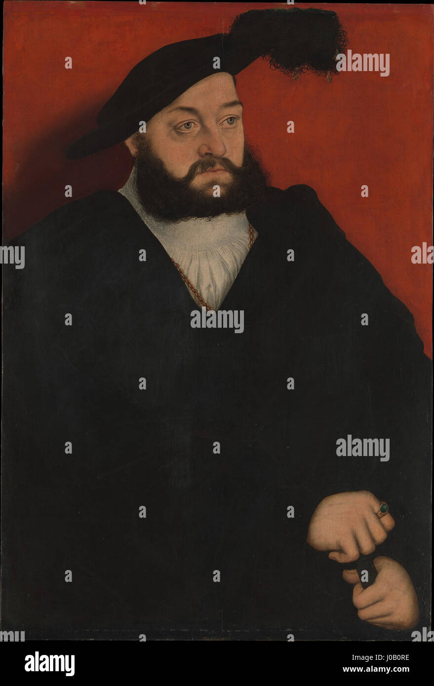 Questo ritratto di Lucas Cranach il giovane raffigura Giovanni il giovane, principe ereditario di Sassonia. Il caratteristico stile rinascimentale di Cranach cattura l'abbigliamento reale e lo status nobile di Johann, riflettendo il potere dell'elettorato sassone durante il XVI secolo. Foto Stock