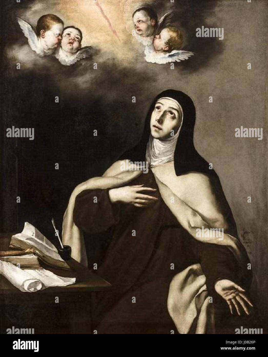 "Santa Teresa de Jesús" di José de Ribera, ospitato nel Museo de Bellas Artes de Sevilla, è un dipinto che raffigura Santa Teresa di Ávila in profonda contemplazione, sottolineando la sua intensità spirituale e la sua devozione. Foto Stock