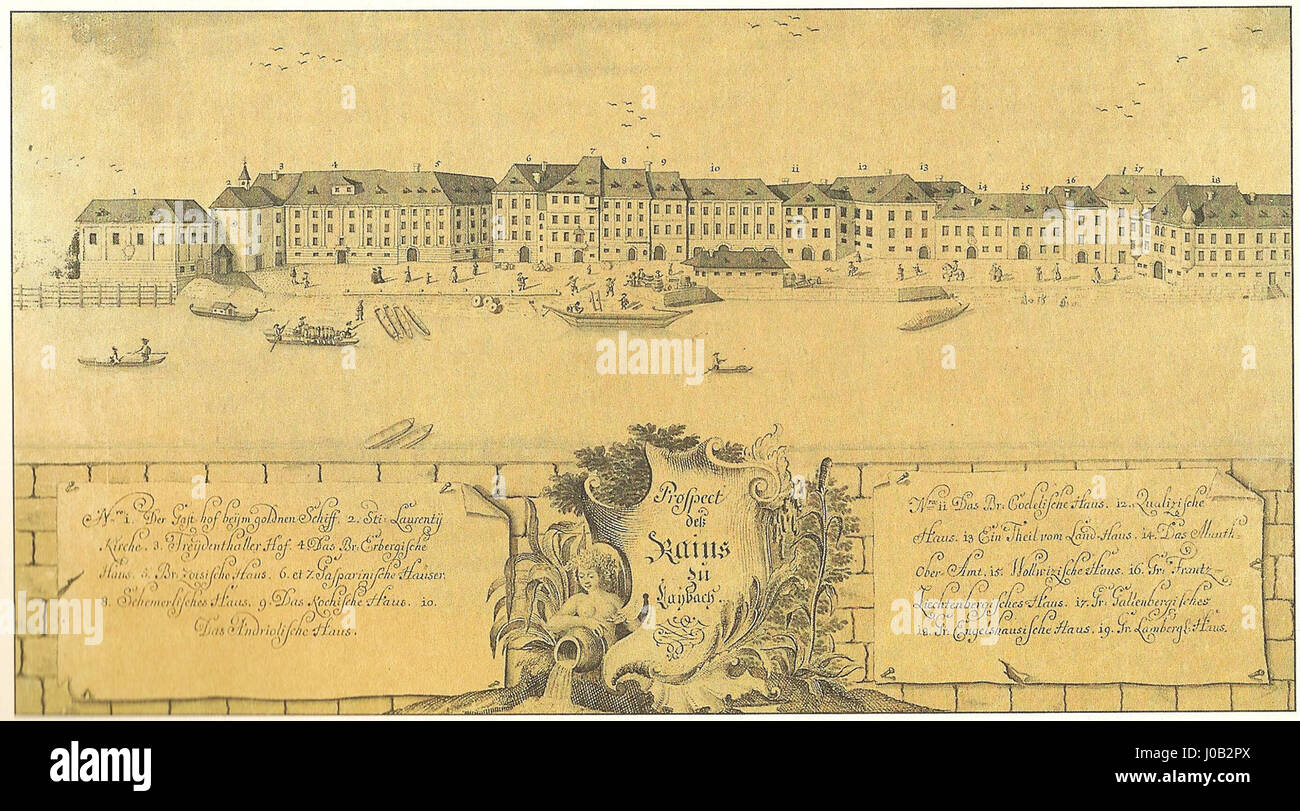 Una raffigurazione del 1760 del porto di Breg ob Ljubljanici, Lubiana. Foto Stock