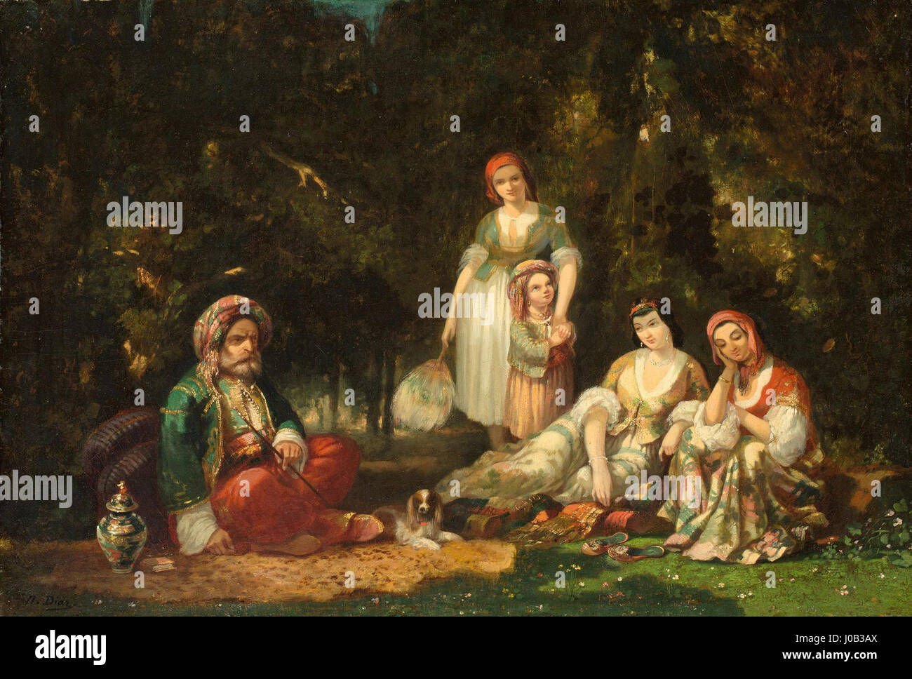 «Personnages orientaux en Forêt» di Narcisse Virgile Diaz de la Peña, creato nel 1837, presenta figure orientali adagiate su un rigoglioso sfondo forestale. Il dipinto fa parte dell'esplorazione di temi esotici da parte di Diaz, mescolando romanticismo e orientalismo nelle sue vivide raffigurazioni di paesaggi e culture straniere. Foto Stock