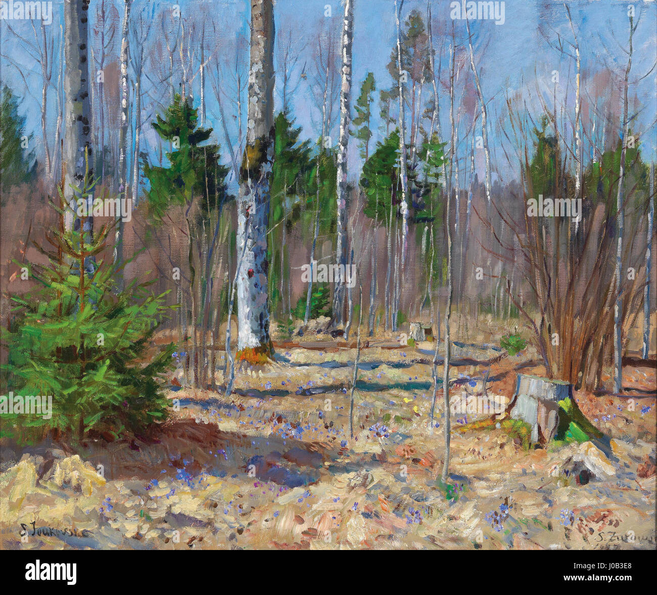 "Frühlingstag am Waldrand" (1927) di Stanislaw Zukowski raffigura una giornata primaverile ai margini di una foresta. Il dipinto cattura i colori vibranti della natura durante la stagione primaverile, sottolineando il rinnovamento della vita e la bellezza del mondo naturale. Foto Stock