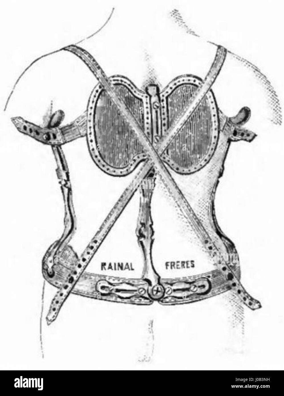 Questo catalogo di Rainal Frères presenta un design per corsetti, che mostra dettagli di moda e tessili del tempo. L'immagine mette in risalto il design e la cura artigianale intricati del capo. Foto Stock