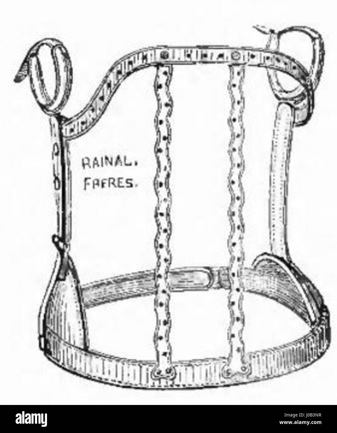 "Catalogue de Corsets de Rainal Frères Fig. 484' è un'illustrazione del catalogo Rainal Frères Corset, che mostra le tendenze della moda e il design della biancheria intima nella Francia del XIX secolo, fornendo una panoramica sulla moda storica e sulle norme sociali. Foto Stock