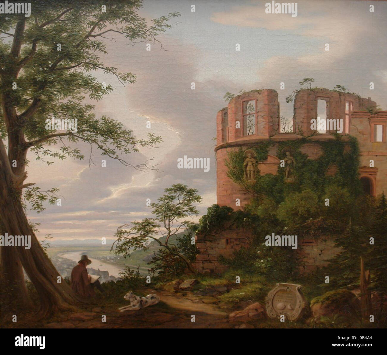 Il dipinto di Christian Koester "Ausblick vom Stückgarten des Heidelberger Schlosses" raffigura una vista dai giardini del palazzo del castello di Heidelberg, mettendo in evidenza il paesaggio e l'architettura. Foto Stock