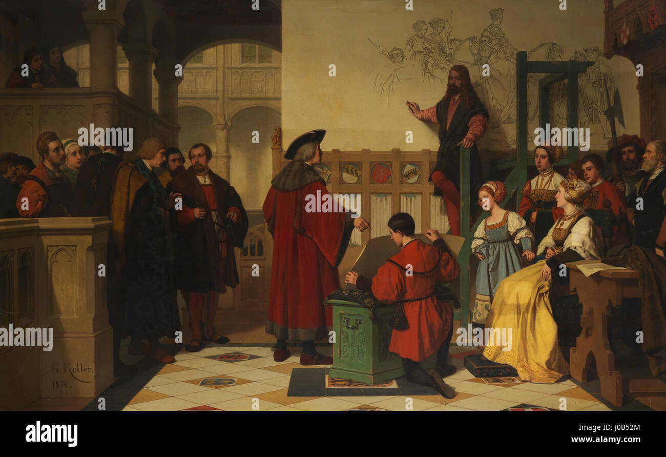 Il dipinto di Wilhelm Koller raffigura un momento in cui l'imperatore Massimiliano i visita il famoso artista Albrecht Dürer mentre è al lavoro. La scena riflette il rispetto tra l'imperatore e l'artista, simboleggiando la connessione tra arte e potere nel XVI secolo. Foto Stock
