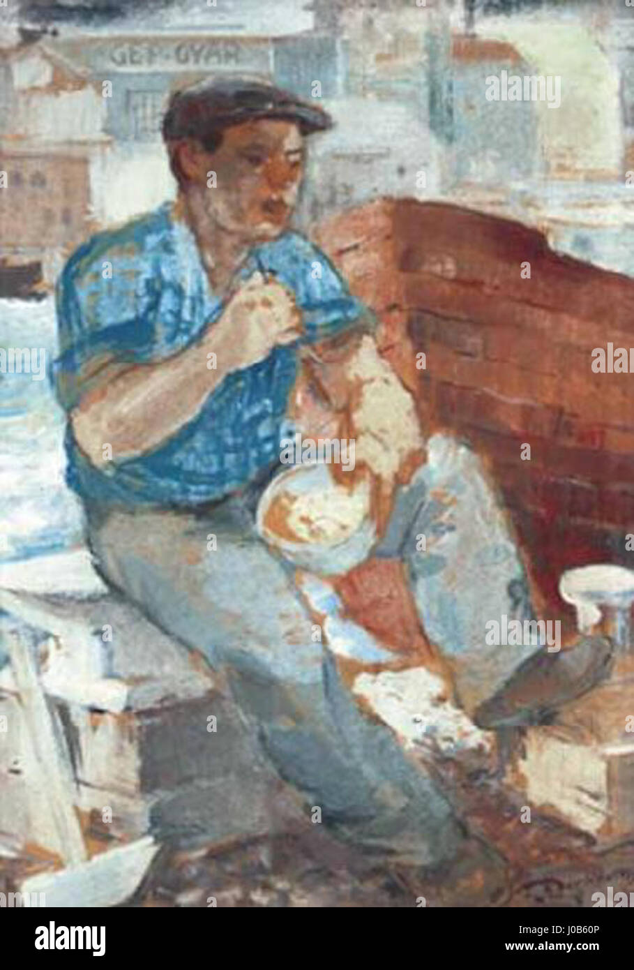 "Derkovits Gyula - 1934-körül - Ebédelő hajómunka" si traduce in "Gyula Derkovits - intorno al 1934 - pranzo lavoro in barca". Questo si riferisce probabilmente a un pezzo della pittrice e artista grafica ungherese Gyula Derkovits, noto per i suoi stili espressionisti, cubisti e costruttivisti. Nato nel 1894 a Szombathely, il lavoro di Derkovits spesso rappresentava temi sociali e la vita quotidiana, riflettendo le sue esperienze personali e le sue opinioni politiche. Foto Stock