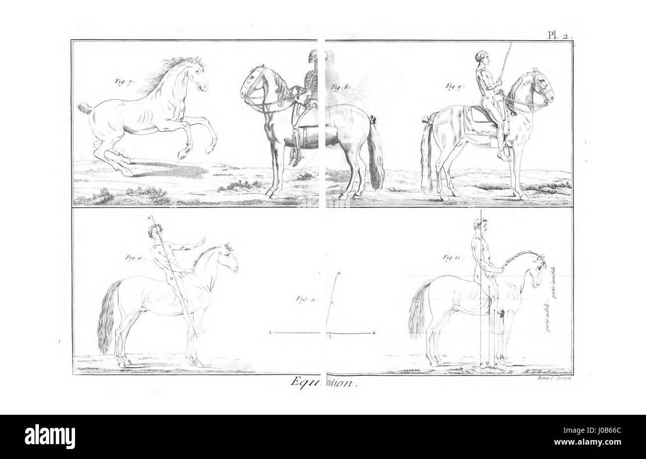 L'Encyclopédie méthodique fu un'influente enciclopedia francese del XVIII secolo, che copriva vari campi, tra cui le arti accademiche Il volume «Arts académiques» ha fornito descrizioni dettagliate delle arti accademiche tradizionali, compreso l’equestrismo, che è rappresentato nella seconda tavola di questa sezione, concentrandosi sulle tecniche classiche e sulla storia dell’arte. Foto Stock