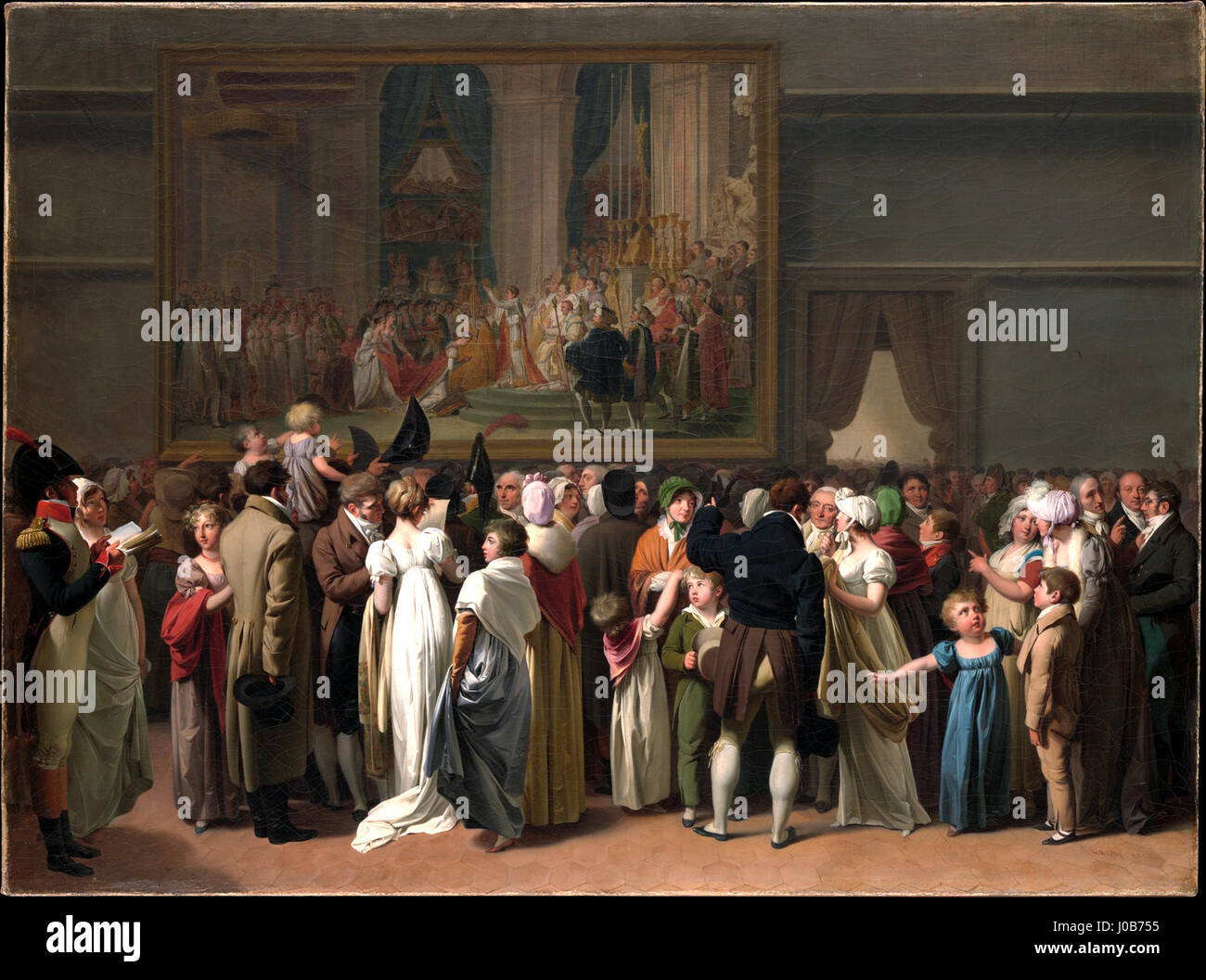 Il dipinto di Louis-Léopold Boilly del 1810 raffigura una scena del pubblico che vede l'incoronazione di Napoleone di Jacques-Louis David al Louvre, mostrando la società e l'arte francesi dell'inizio del XIX secolo. Foto Stock
