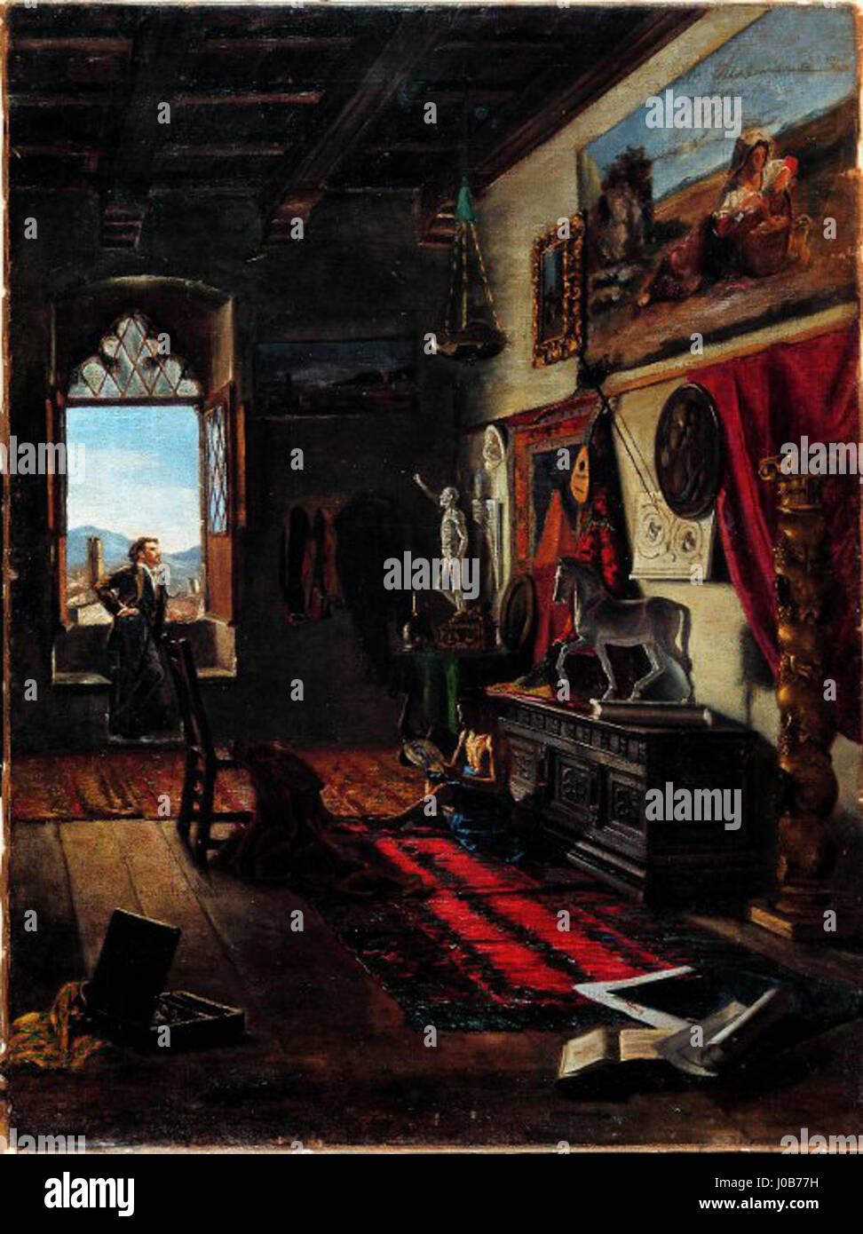 Il «Taller del pintor Tomàs Moragas» di Joan Figueras Soler raffigura la bottega dell’artista, illustrando lo spazio creativo in cui Tomàs Moragas, un rinomato pittore catalano, ha creato le sue opere. Il dipinto mostra l'intima connessione tra l'artista e il suo ambiente. Foto Stock